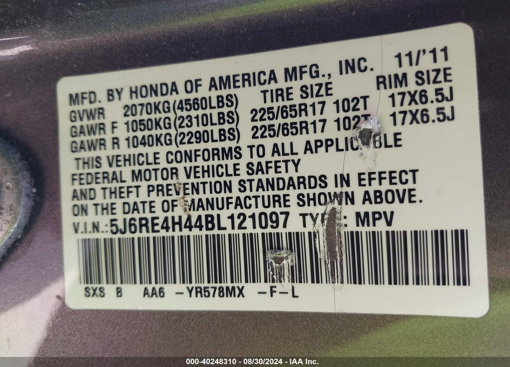 2011 HONDA CR-V VIN: 5J6RE4H44BL121097