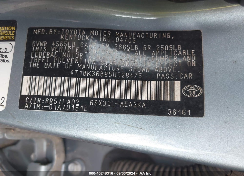 2005 TOYOTA AVALON XLS VIN: 4T1BK36B85U028475