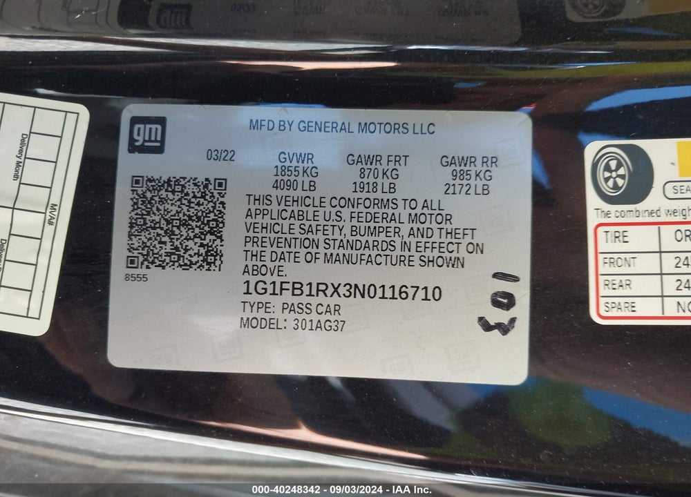 2022 CHEVROLET CAMARO RWD 1LT VIN: 1G1FB1RX3N0116710
