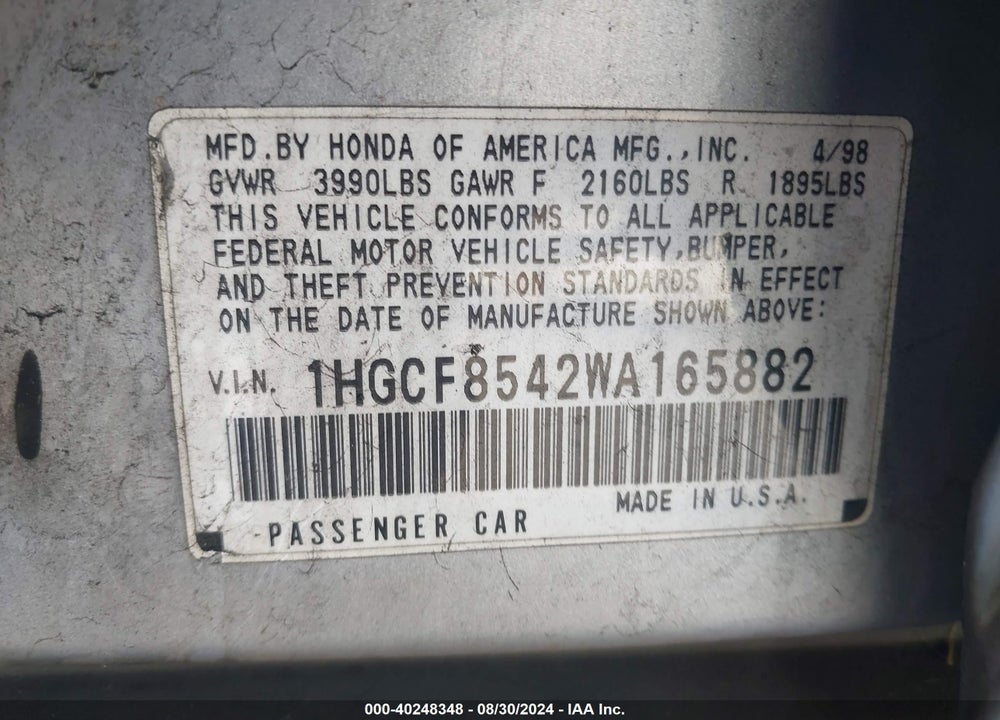1998 HONDA ACCORD DX VIN: 1HGCF8542WA165882