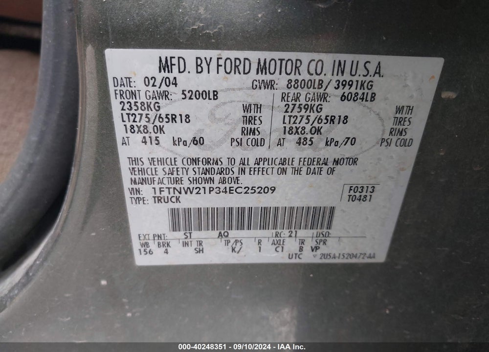2004 FORD F-250 LARIAT/XL/XLT VIN: 1FTNW21P34EC25209