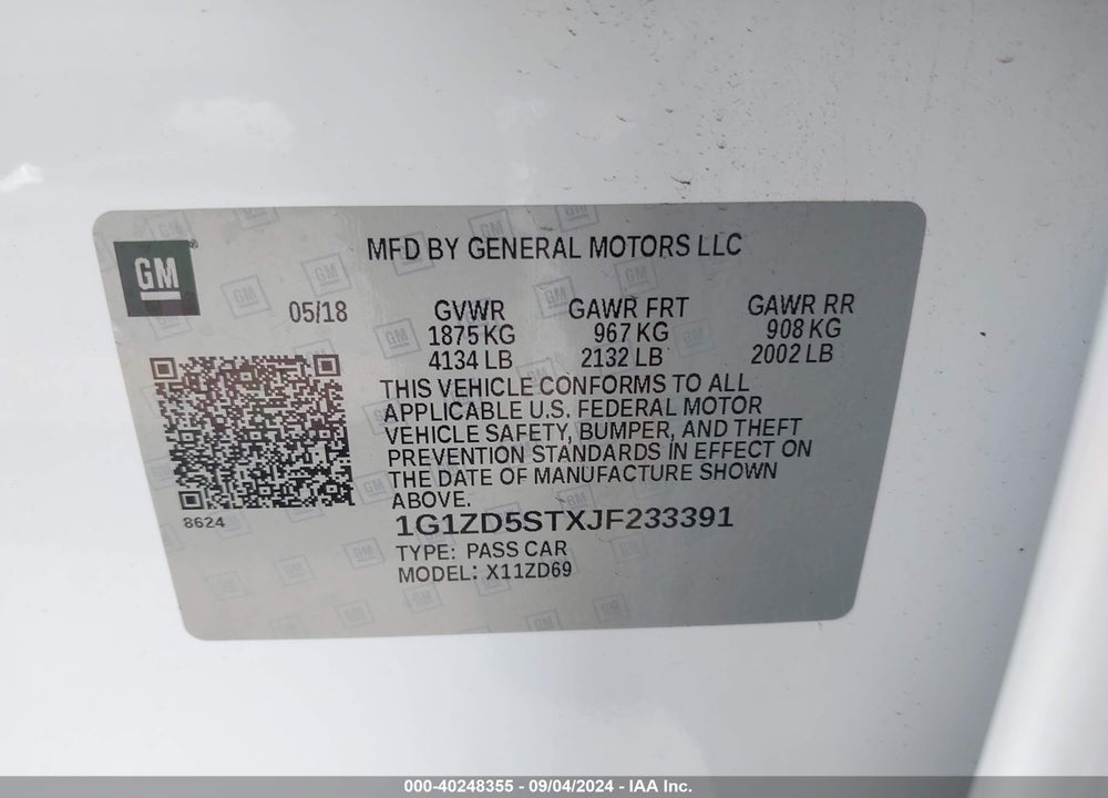 2018 CHEVROLET MALIBU LT VIN: 1G1ZD5STXJF233391