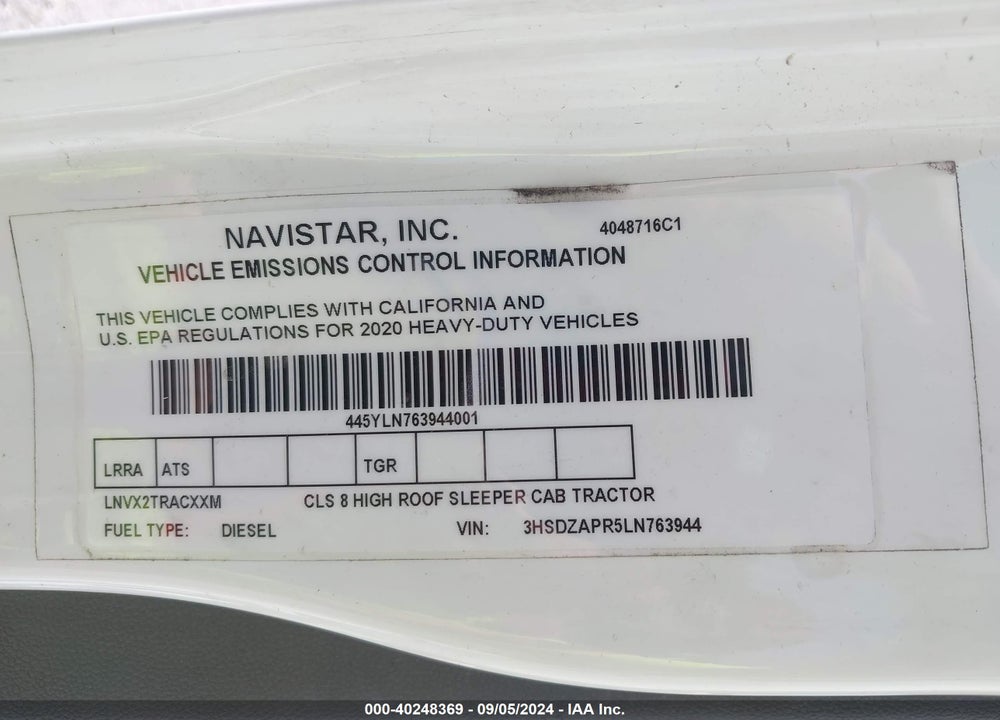 2020 INTERNATIONAL LT VIN: 3HSDZAPR5LN763944