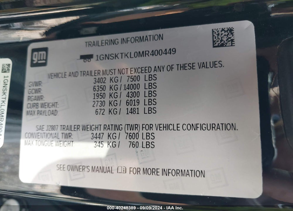 2021 CHEVROLET TAHOE 4WD HIGH COUNTRY VIN: 1GNSKTKL0MR400449