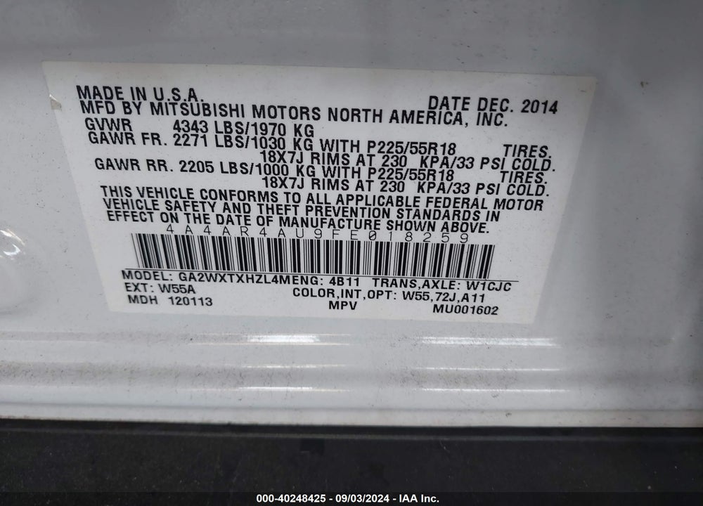 2015 MITSUBISHI OUTLANDER SPORT SE VIN: 4A4AR4AU9FE018259