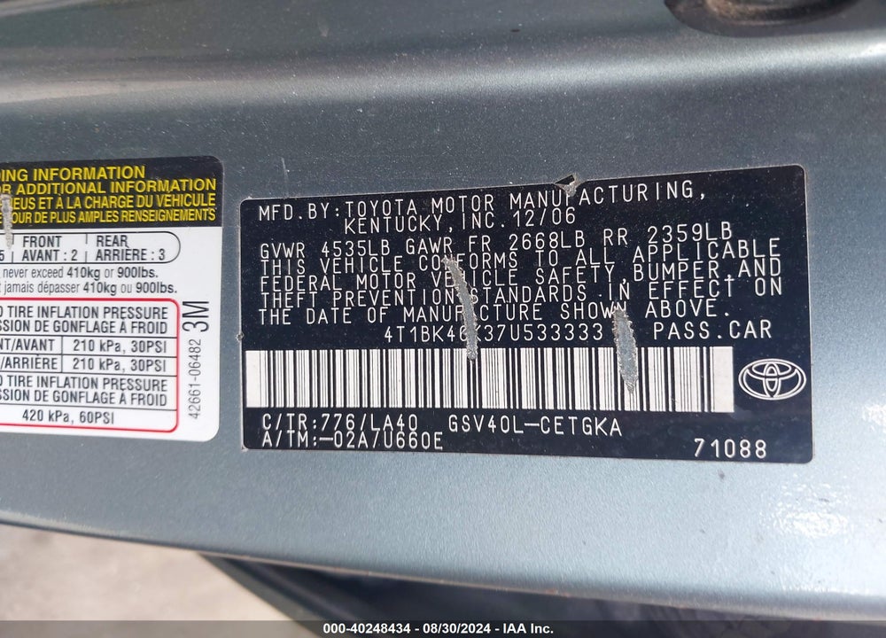 2007 TOYOTA CAMRY XLE V6 VIN: 4T1BK46K37U533333