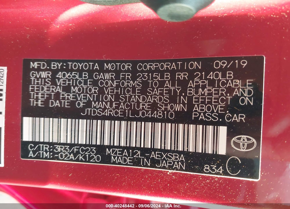2020 TOYOTA COROLLA SE VIN: JTDS4RCE1LJ044810