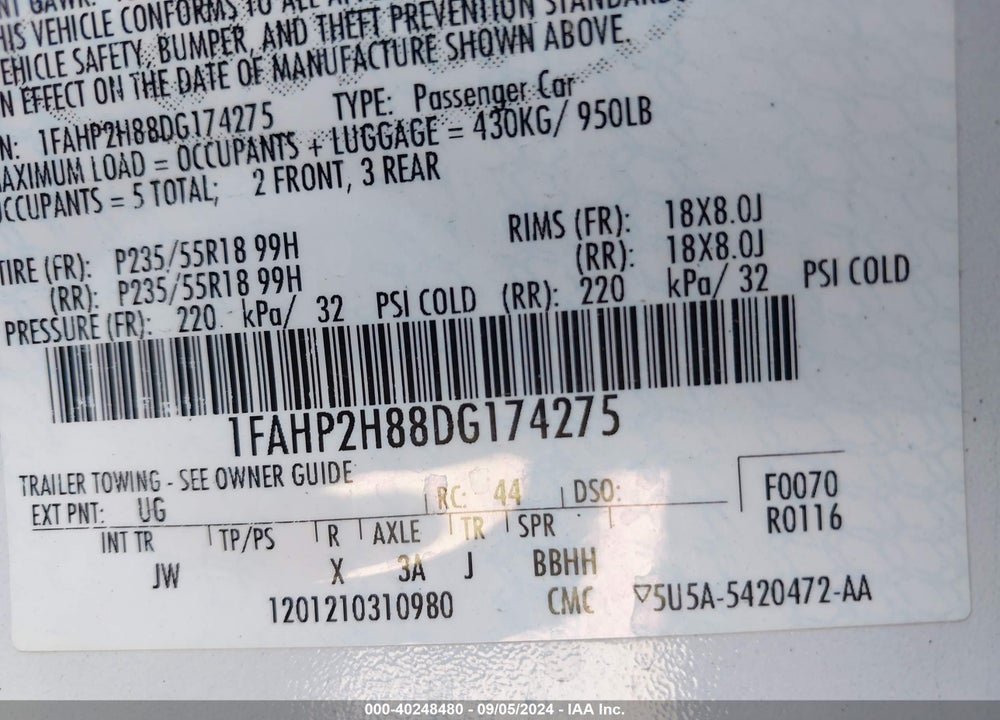 2013 FORD TAURUS SEL VIN: 1FAHP2H88DG174275