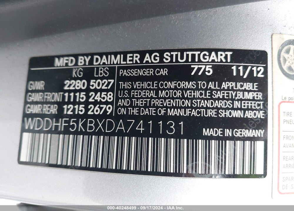2013 MERCEDES-BENZ E 350 VIN: WDDHF5KBXDA741131