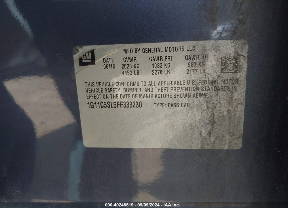 2015 CHEVROLET MALIBU 1LT VIN: 1G11C5SL5FF333230