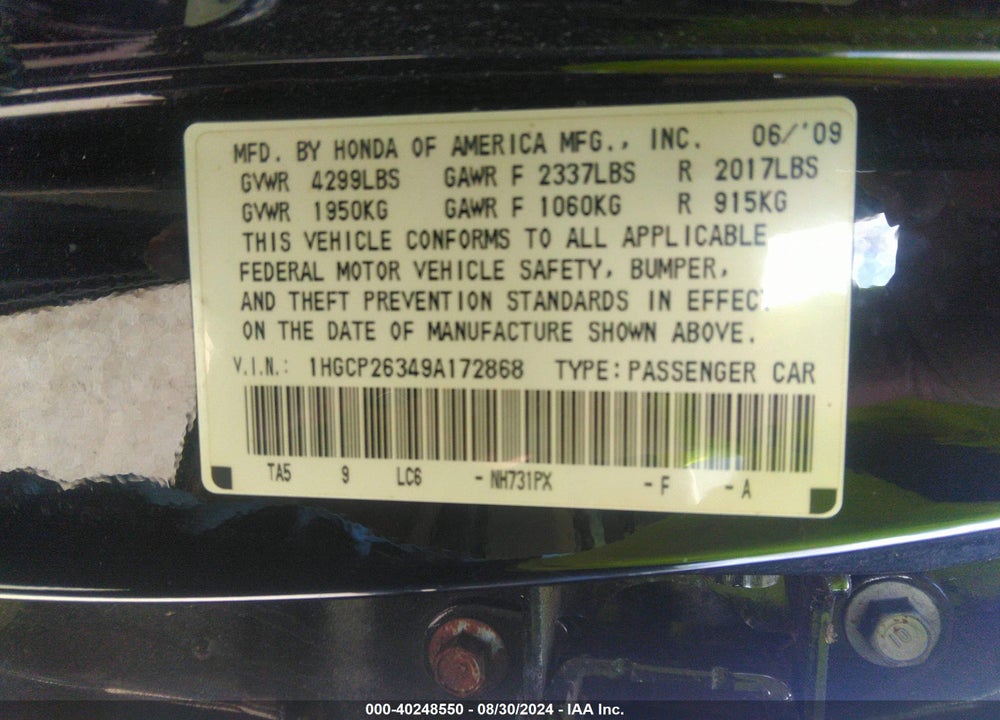 2009 HONDA ACCORD VIN: 1HGCP26349A172868