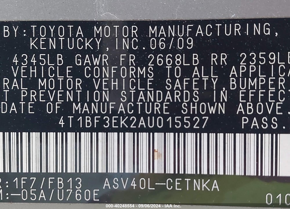 2010 TOYOTA CAMRY LE VIN: 4T1BF3EK2AU015527