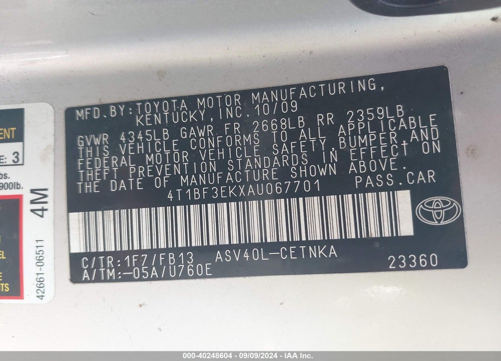 2010 TOYOTA CAMRY LE VIN: 4T1BF3EKXAU067701