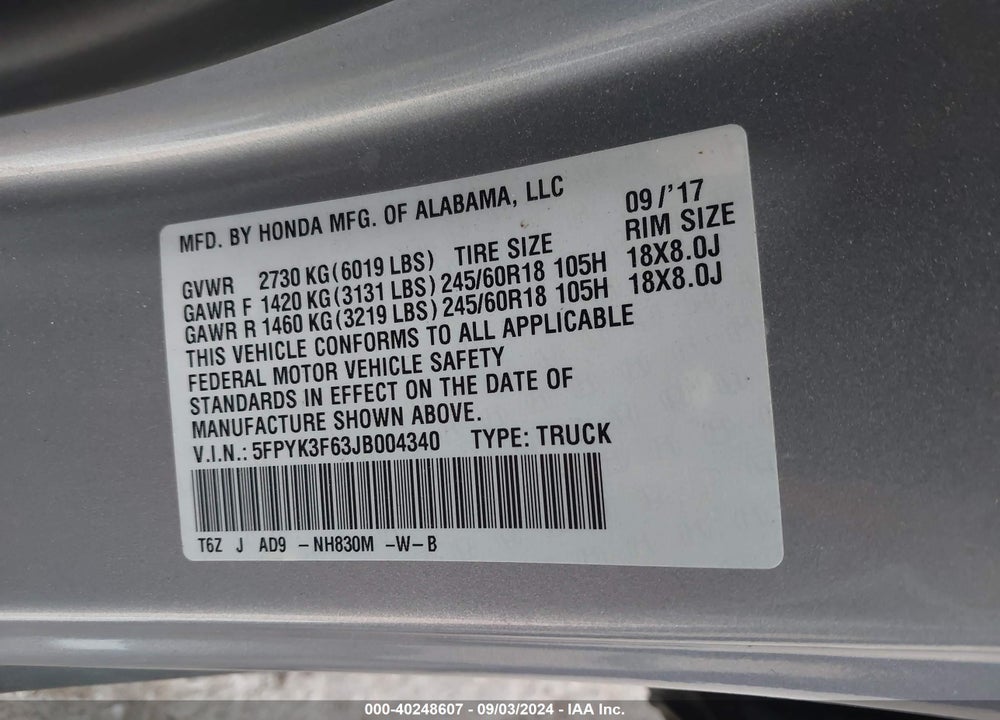 2018 HONDA RIDGELINE VIN: 5FPYK3F63JB004340