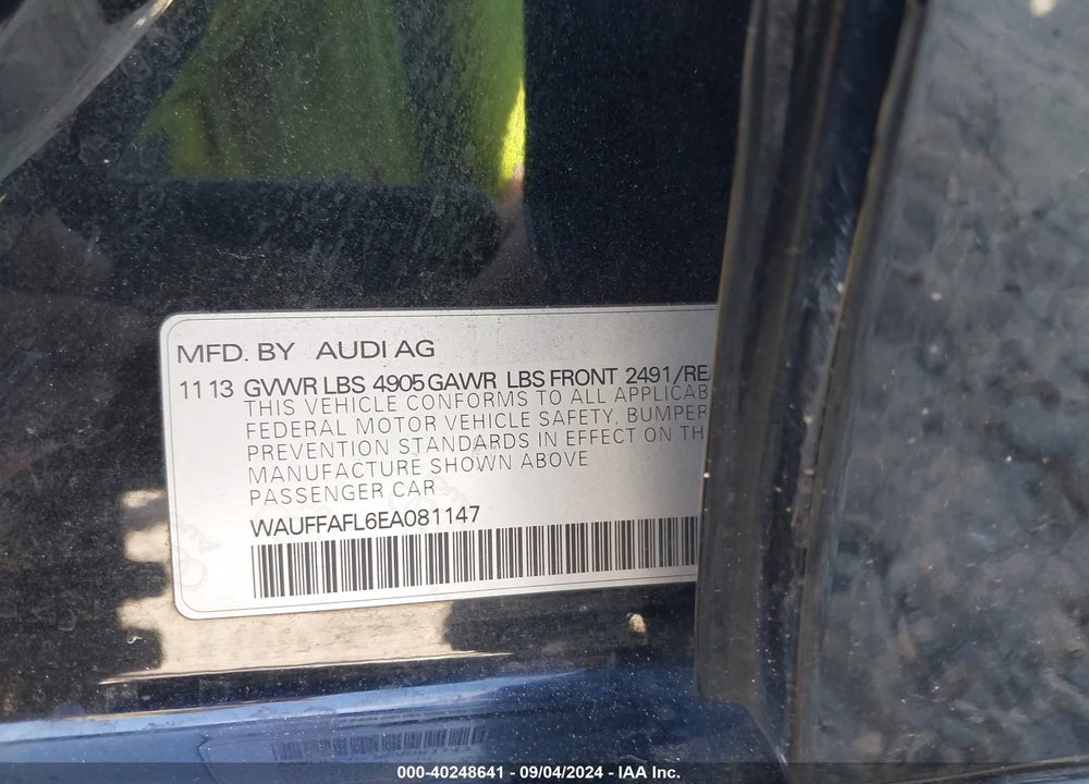 2014 AUDI A4 2.0T PREMIUM VIN: WAUFFAFL6EA081147