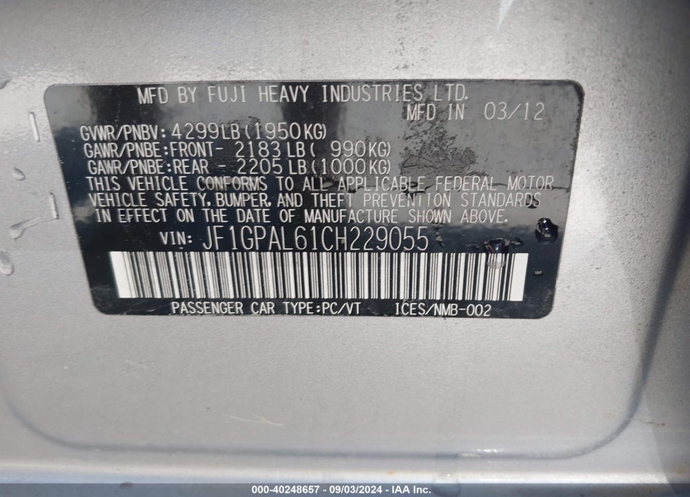 2012 SUBARU IMPREZA 2.0I SPORT PREMIUM VIN: JF1GPAL61CH229055