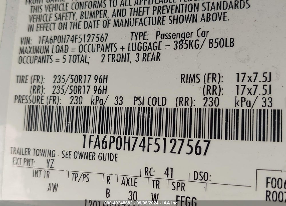2015 FORD FUSION SE VIN: 1FA6P0H74F5127567