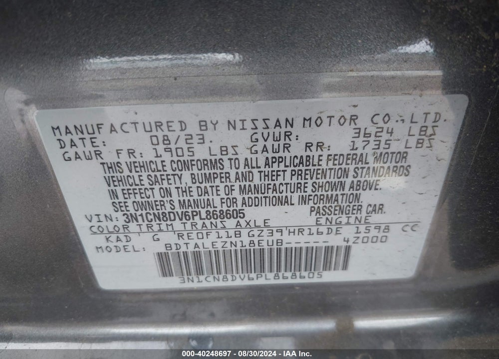 2023 NISSAN VERSA 1.6 S XTRONIC CVT VIN: 3N1CN8DV6PL868605