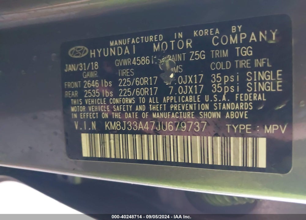 2018 HYUNDAI TUCSON SEL VIN: KM8J33A47JU679737