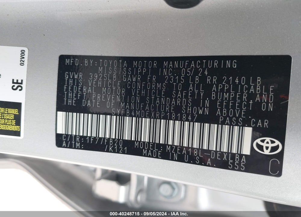 2024 TOYOTA COROLLA LE VIN: 5YFB4MDEXRP181847