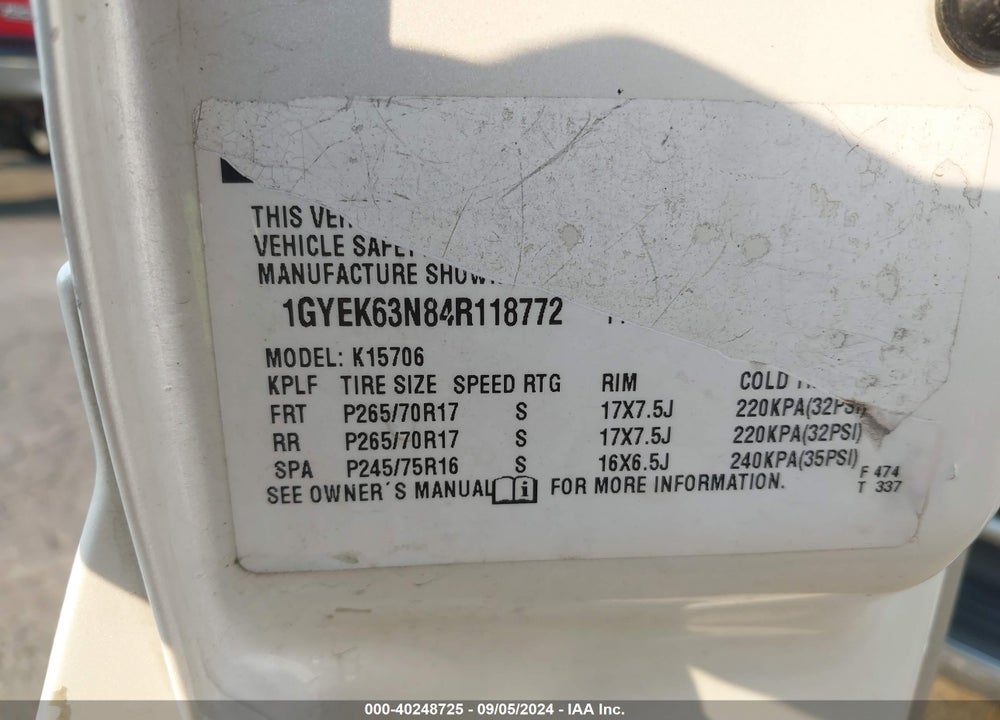 2004 CADILLAC ESCALADE STANDARD VIN: 1GYEK63N84R118772