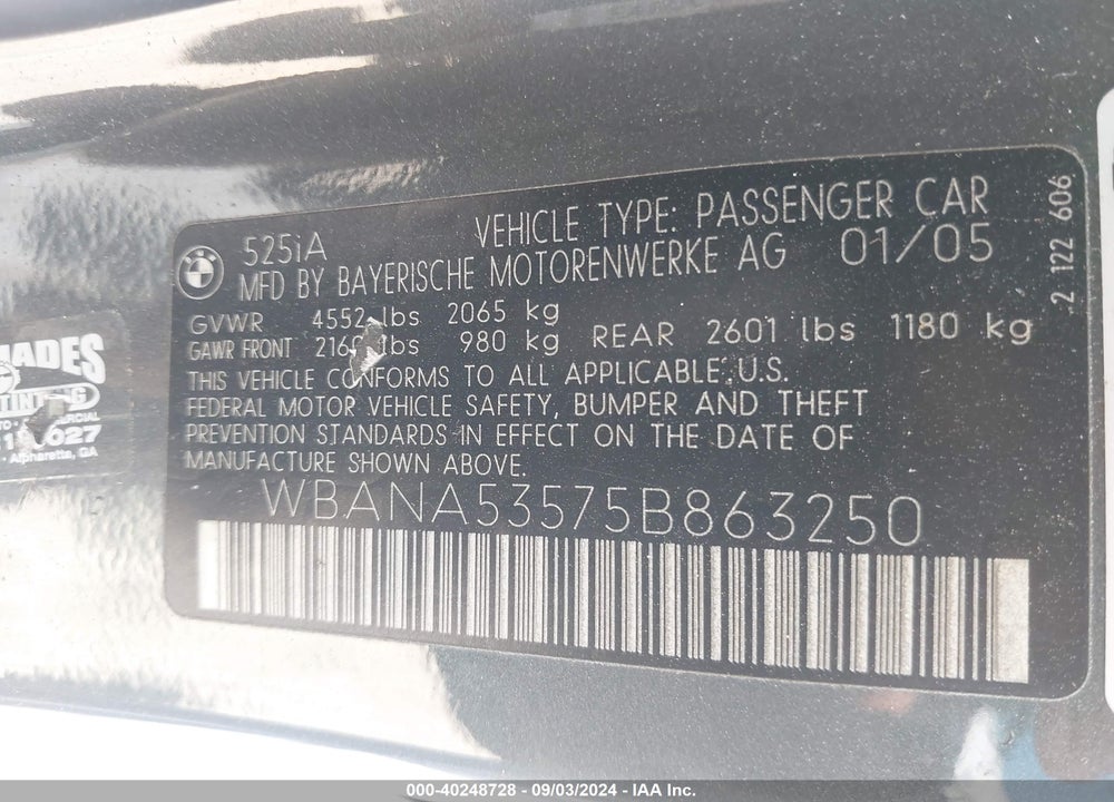 2005 BMW 525I VIN: WBANA53575B863250
