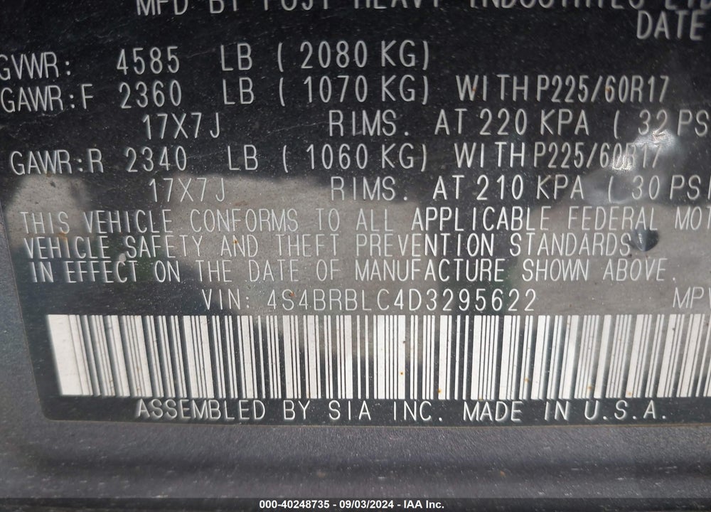 2013 SUBARU OUTBACK 2.5I LIMITED VIN: 4S4BRBLC4D3295622