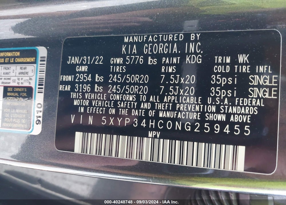 2022 KIA TELLURIDE EX VIN: 5XYP34HC0NG259455