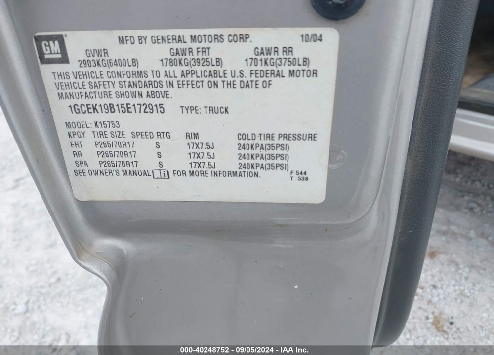 2005 CHEVROLET SILVERADO 1500 Z71 VIN: 1GCEK19B15E172915