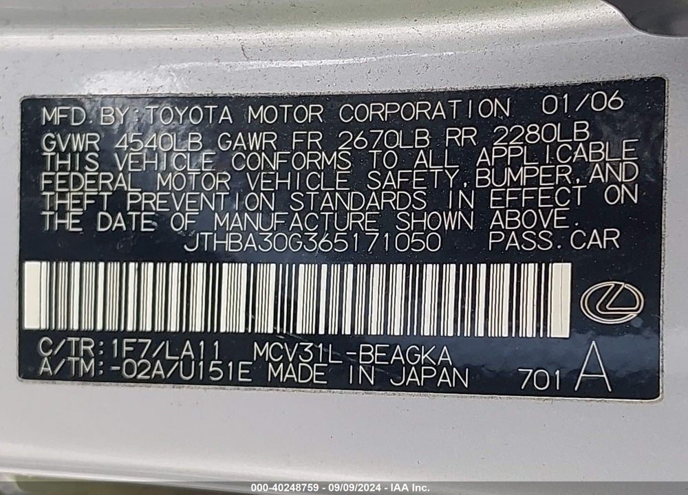 2006 LEXUS ES 330 VIN: JTHBA30G365171050