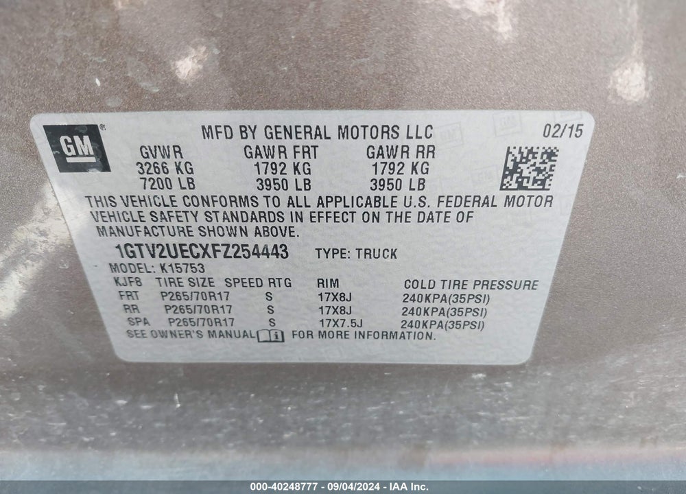 2015 GMC SIERRA 1500 SLE VIN: 1GTV2UECXFZ254443