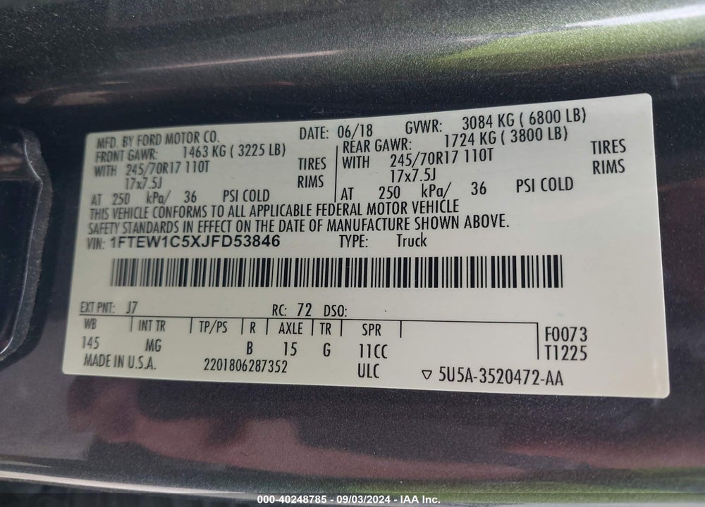 2018 FORD F-150 XLT VIN: 1FTEW1C5XJFD53846