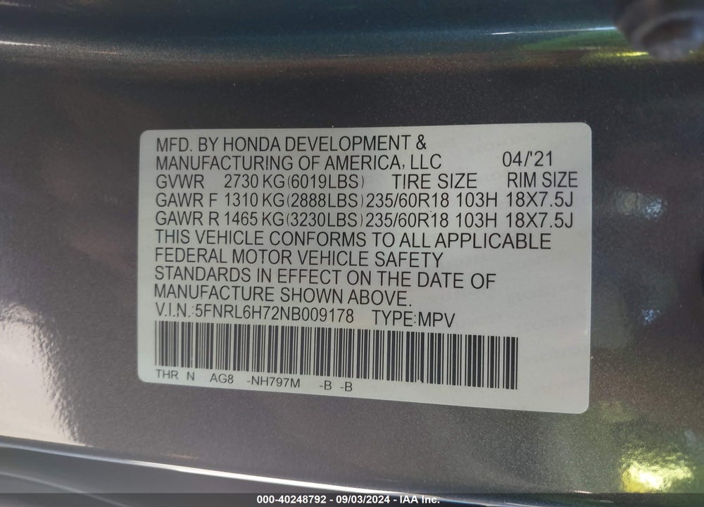 2022 HONDA ODYSSEY EX-L VIN: 5FNRL6H72NB009178