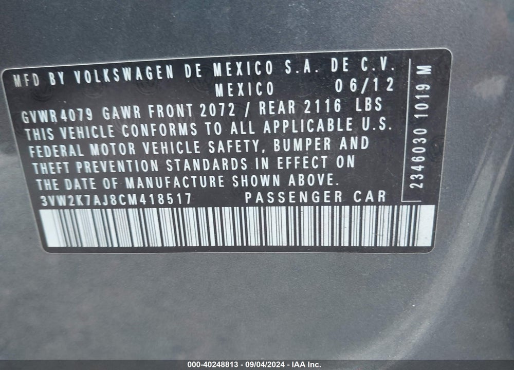 2012 VOLKSWAGEN JETTA 2.0L S VIN: 3VW2K7AJ8CM418517