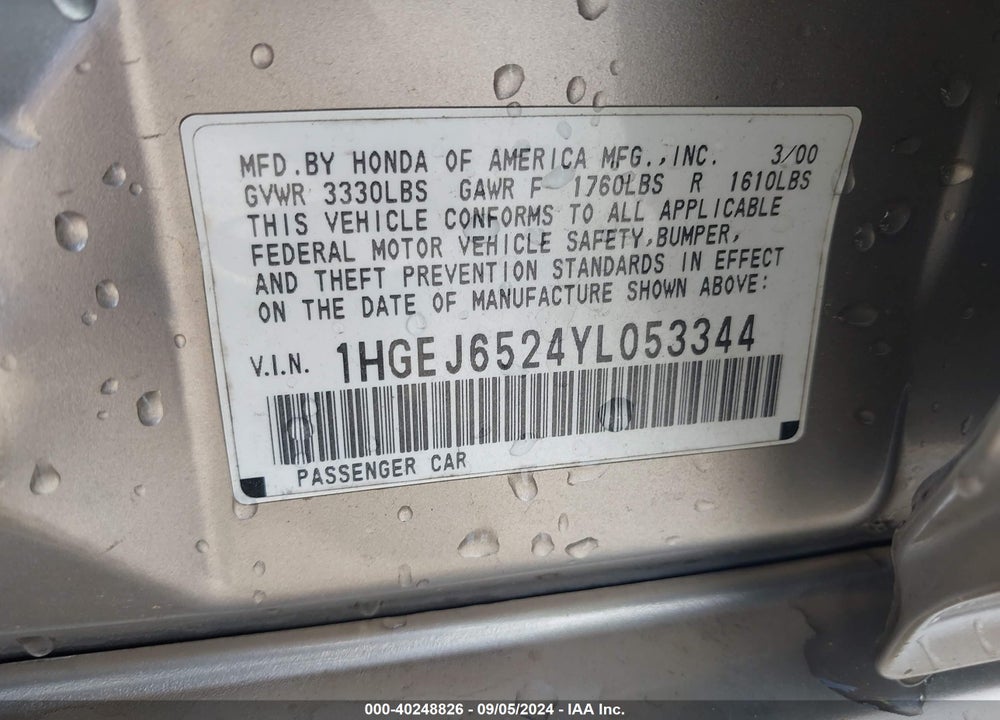 2000 HONDA CIVIC DX VIN: 1HGEJ6524YL053344