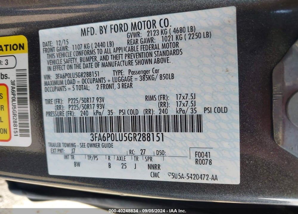 2016 FORD FUSION HYBRID SE VIN: 3FA6P0LU5GR288151