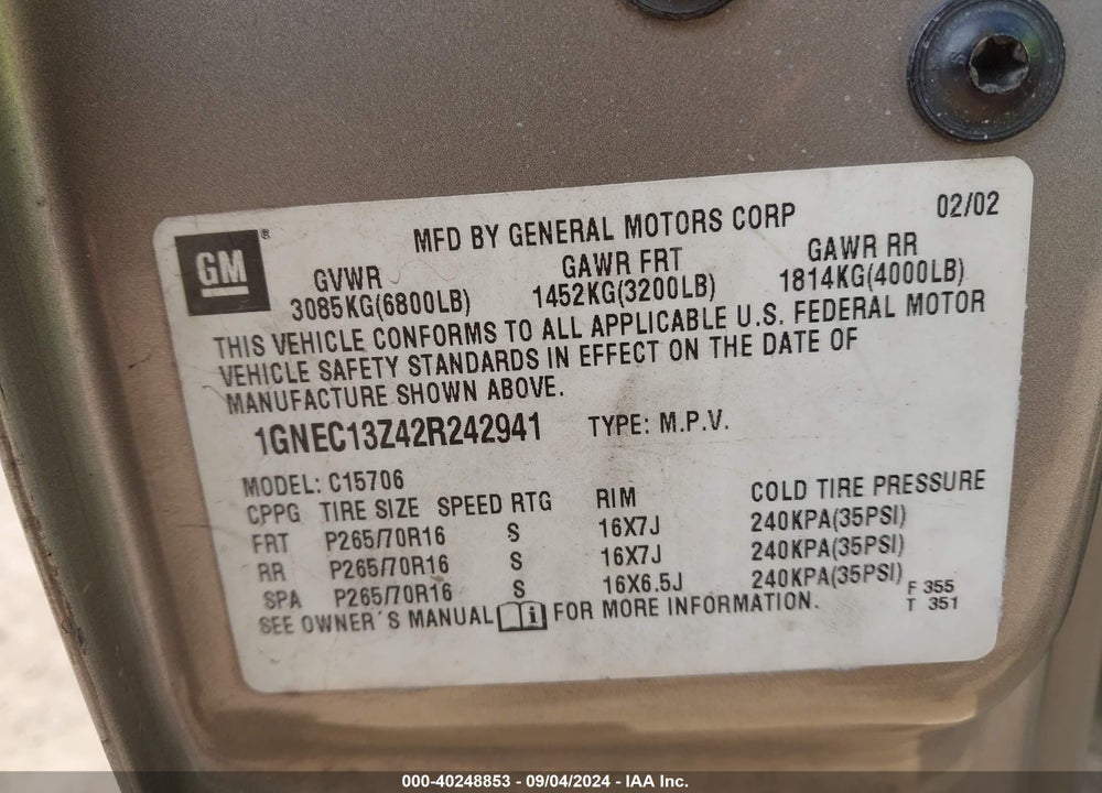 2002 CHEVROLET TAHOE LT VIN: 1GNEC13Z42R242941
