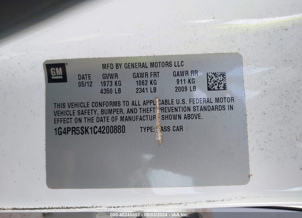 2012 BUICK VERANO CONVENIENCE GROUP VIN: 1G4PR5SK1C4200880