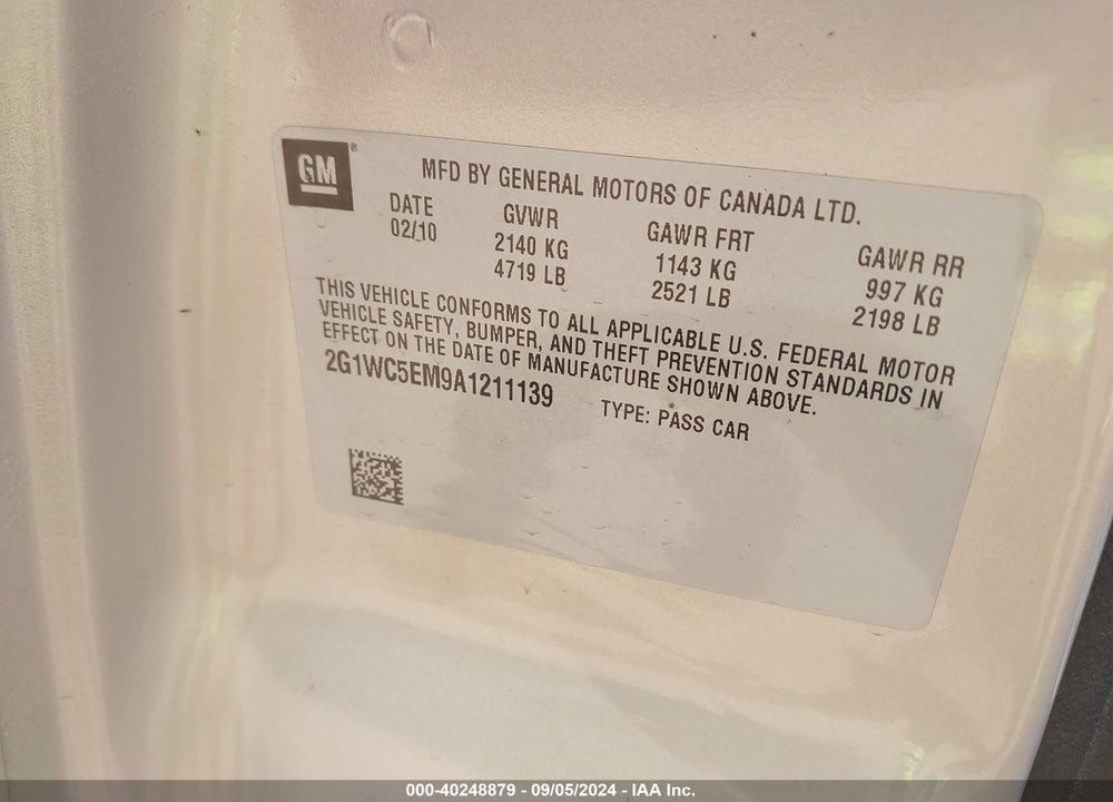 2010 CHEVROLET IMPALA LTZ VIN: 2G1WC5EM9A1211139