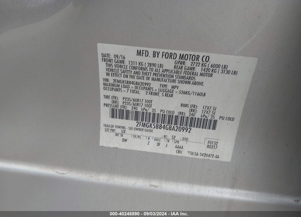 2016 FORD FLEX SE VIN: 2FMGK5B84GBA20992
