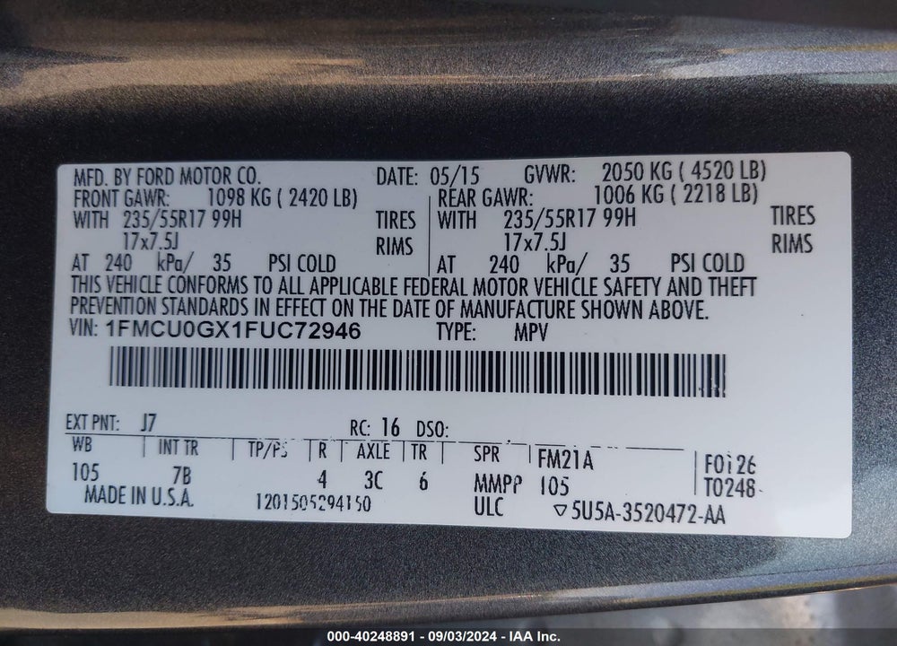 2015 FORD ESCAPE SE VIN: 1FMCU0GX1FUC72946