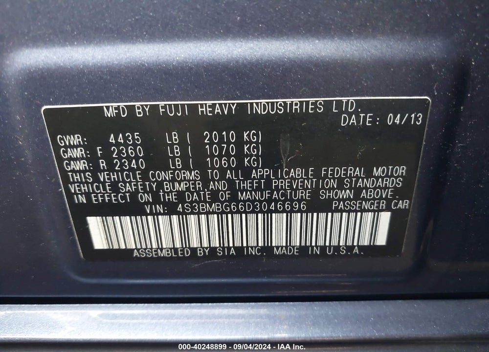 2013 SUBARU LEGACY 2.5I PREMIUM VIN: 4S3BMBG66D3046696