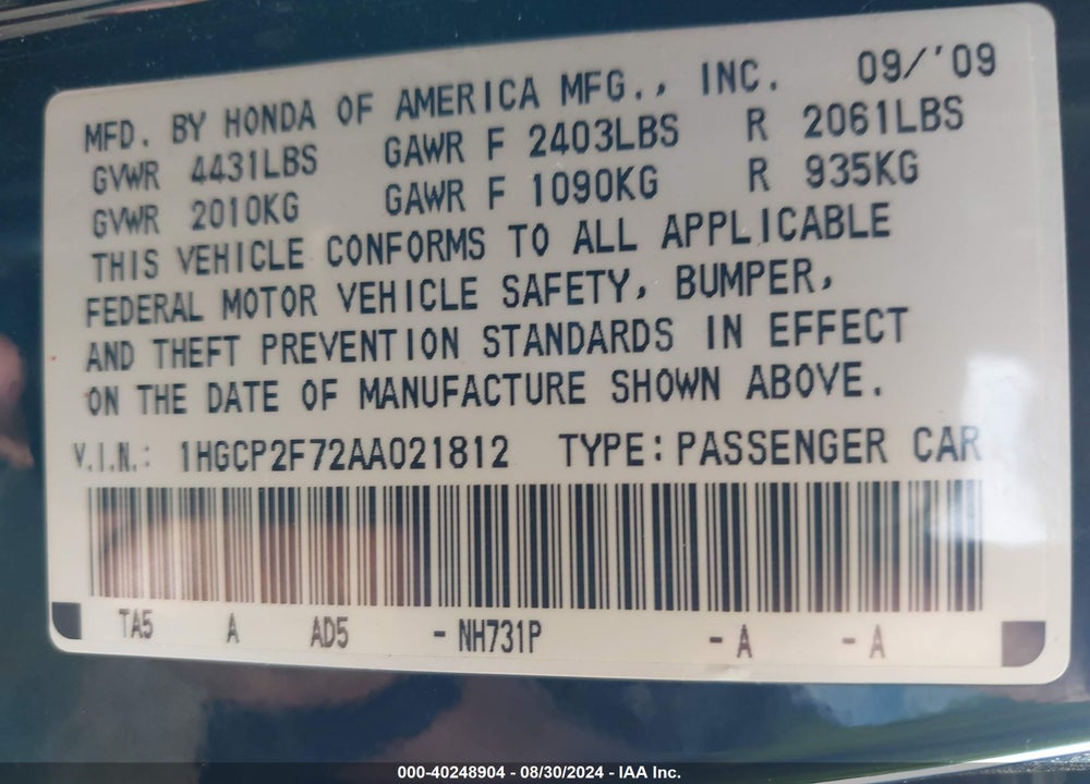 2010 HONDA ACCORD 2.4 EX VIN: 1HGCP2F72AA021812