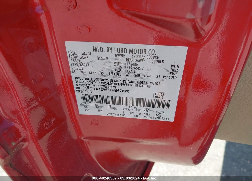 2007 FORD F-150 VIN: 1FTRX12W77FB67070