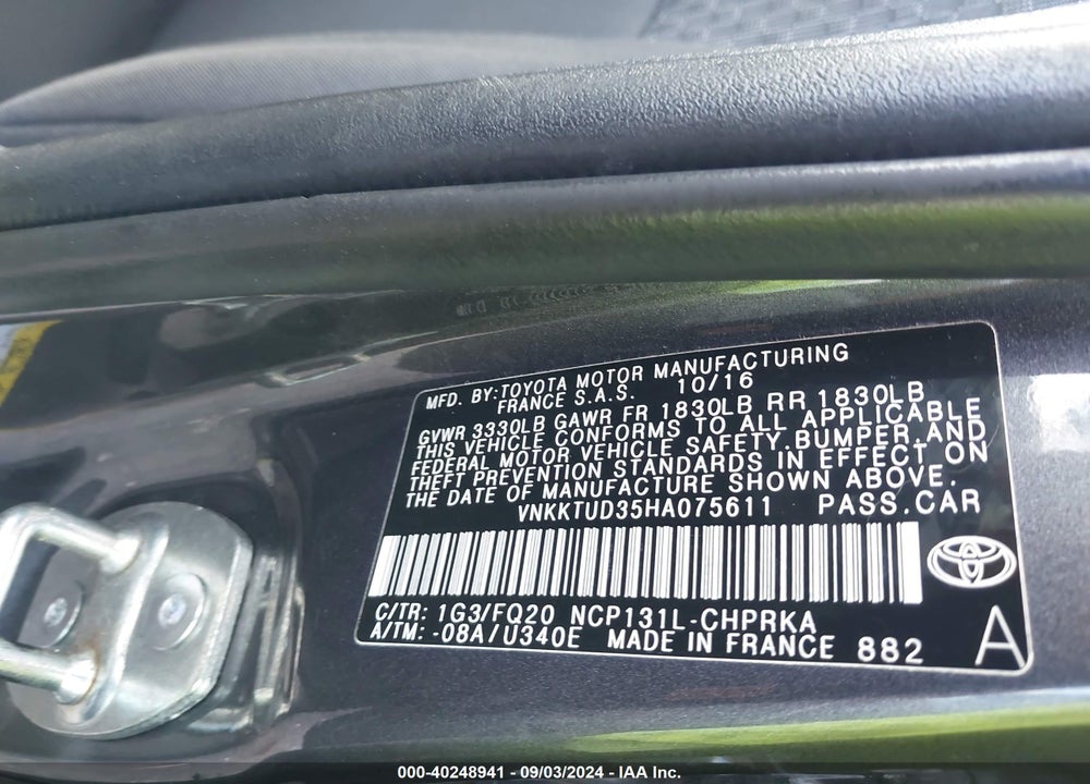 2017 TOYOTA YARIS L VIN: VNKKTUD35HA075611