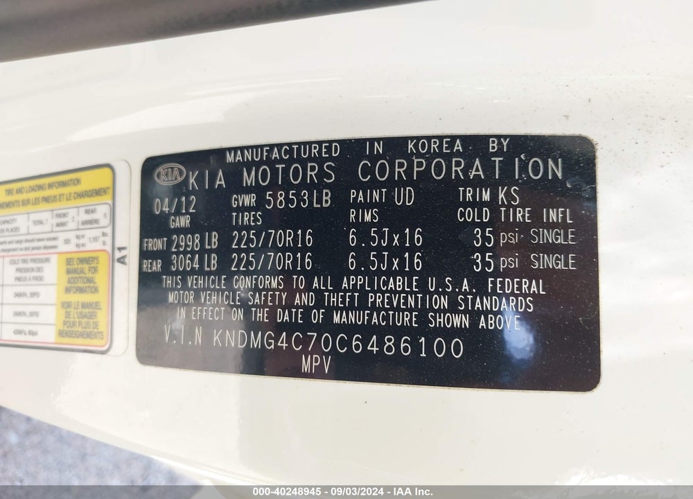 2012 KIA SEDONA LX VIN: KNDMG4C70C6486100