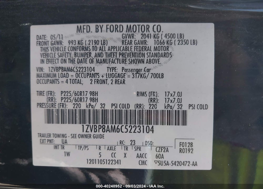 2012 FORD MUSTANG V6 VIN: 1ZVBP8AM6C5223104