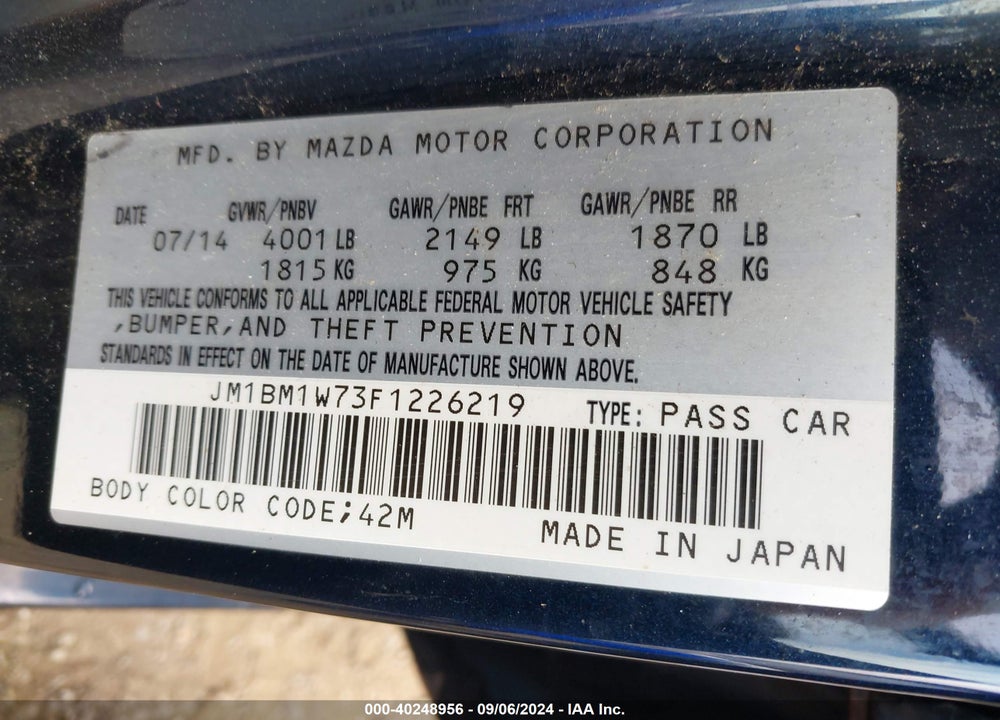 2015 MAZDA 3 I GRAND TOURING VIN: JM1BM1W73F1226219