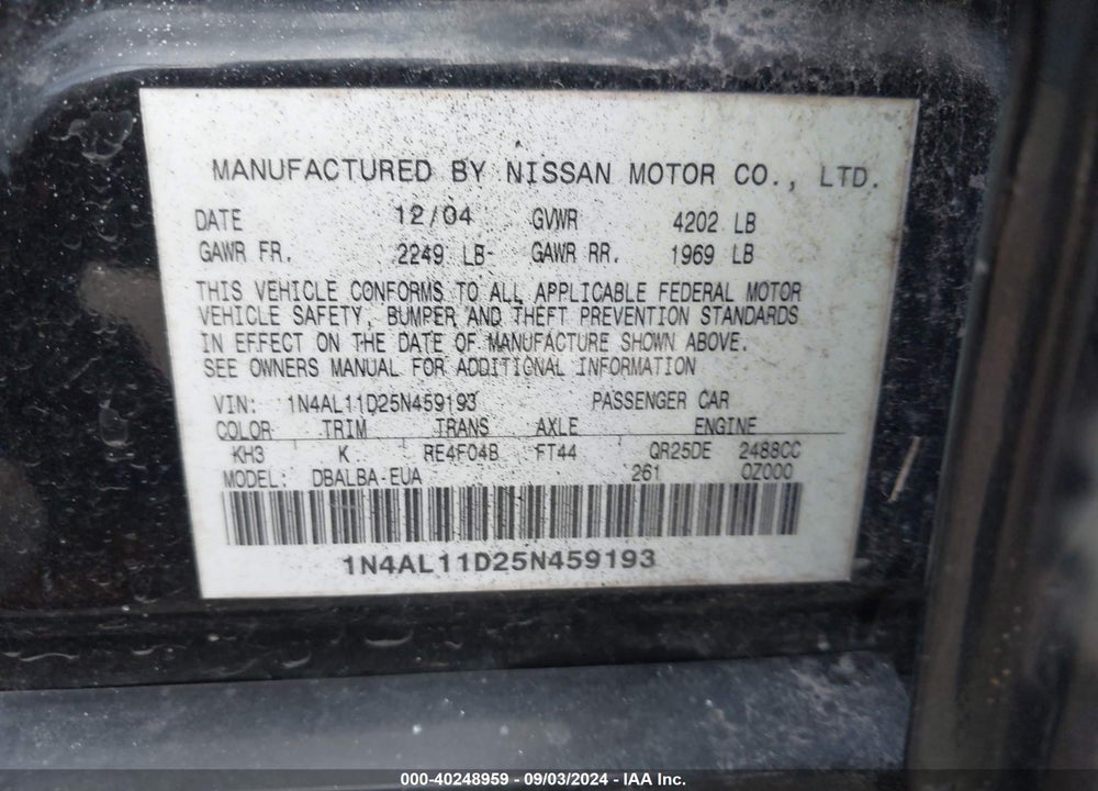 2005 NISSAN ALTIMA 2.5 S VIN: 1N4AL11D25N459193