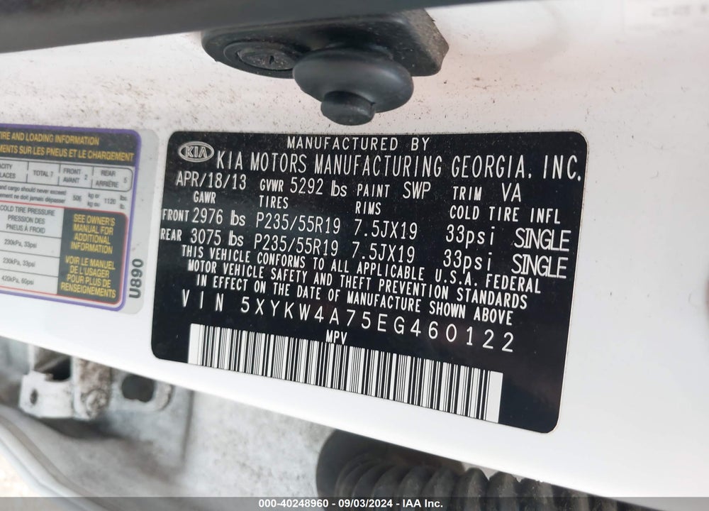 2014 KIA SORENTO LIMITED V6 VIN: 5XYKW4A75EG460122